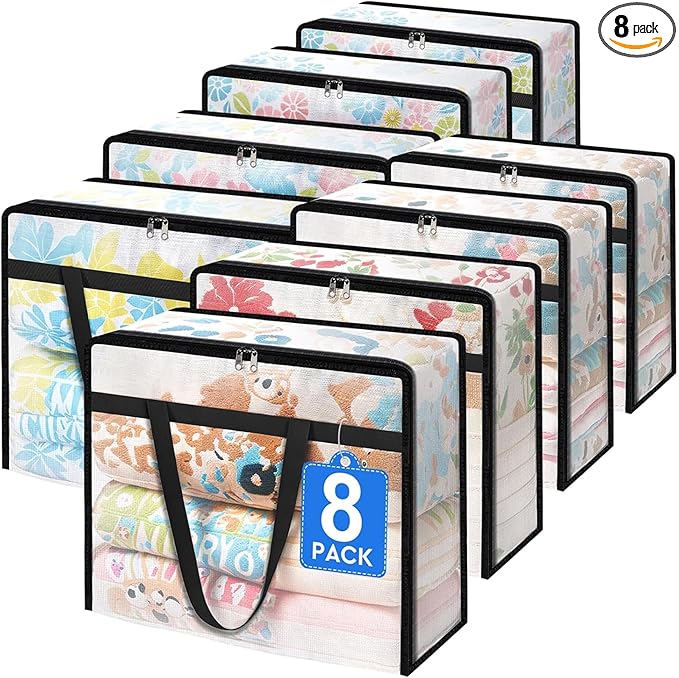 BlissTotes 8 Pack Clear Clothes Storage Bags, Moving Bags, Foldable Blanket Storage Under Bed Storage Containers with Sturdy Zipper and Handle for Clothing, Comforter, Bedding, Sheet (90L)