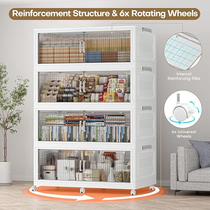 Extra Large Stackable Storage Bins with Lid, 280Gal/1120QT Foldable Collapsible Storage Box with Doors, Wheels and Drawers, Plastic Closet Organizer Container for Kitchen, Bedroom, Dorm, 4Pack
