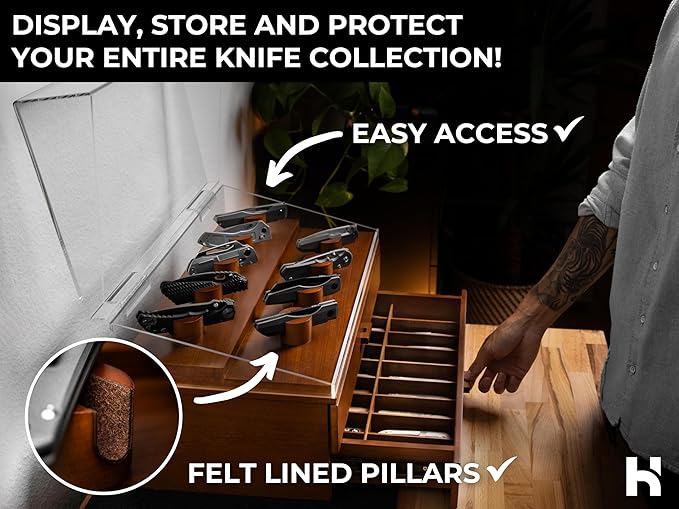Premium Pocket Knife Display Case for 50 Knives - Extra Large Wooden Knife Organizer, Storage & Holder with Unique Pillars, 2 Drawers - Knife Collection Box - Handcrafted Father's Day Present for Men