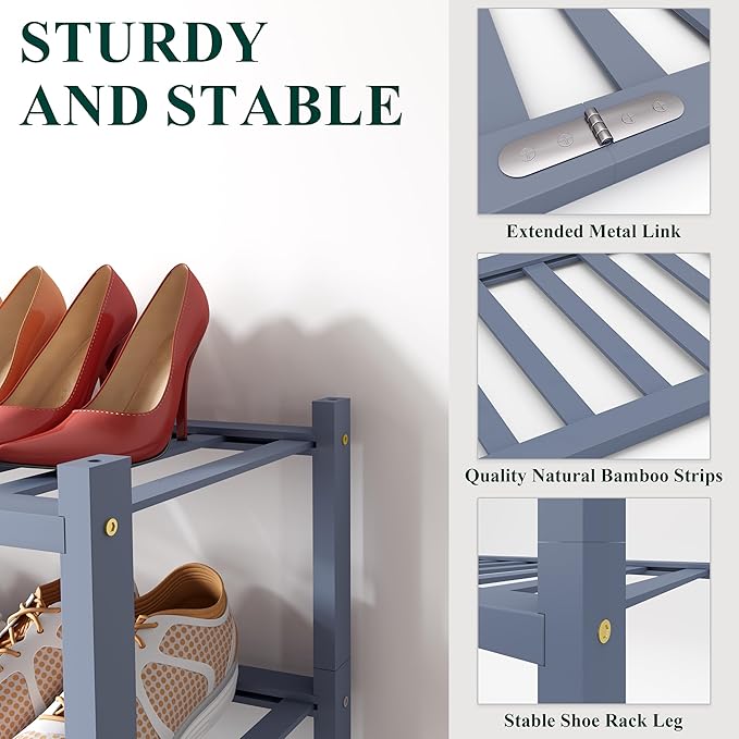 Smiry Bamboo Shoe Rack, 3 Tier Free Standing Wooden Shoe Organizer, Stackable Wood Shoe Storage Shelf for Closet, Entryway, 12 Vertical Slats, 2+1 Stack Standard Legs, 26.8"x11"x19.5", Grey