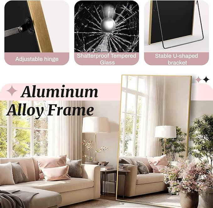 EOGOW 65" x 22" Full Body Mirror,Tempered Glass Shatterproof Full Length Mirror with Stand, Hanging, Wall Mounted Leaning for Bedroom Living Room Entryway