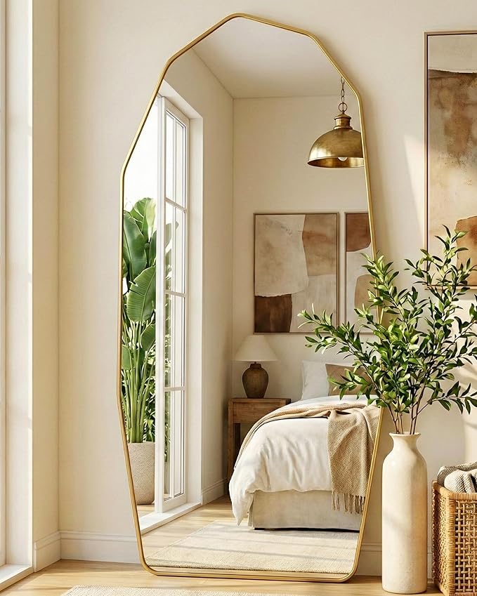 Antok Full Length Mirror, 71"x32" Floor Mirror, Free Standing Wall Mounted or Leaning Full Body Mirror with Aluminum Alloy Frame, Diamond Irregular for Bedroom Entryway Cloakroom, Gold