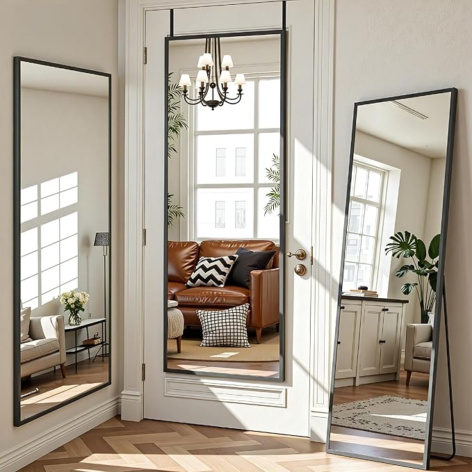 Antok 58''x 20'' Full Length Mirror Over Door, 4-in-1 Standing Leaning Wall Mounted, Adjustable Hanging Mirror for Bedroom Living Room, Black, Rect Corner