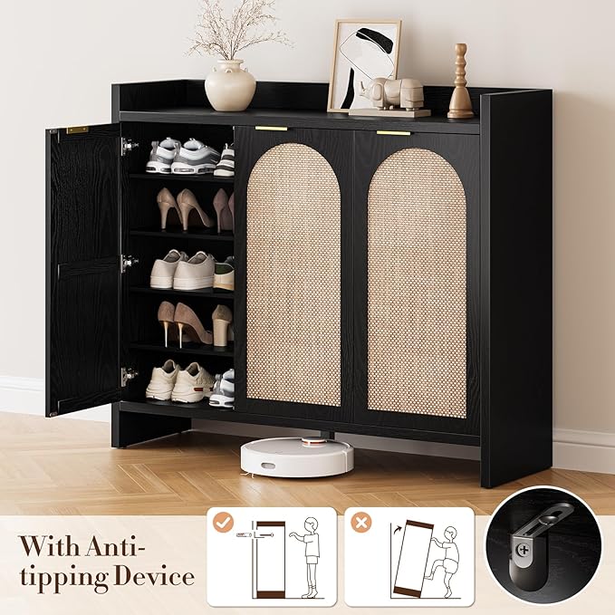 Shoe Cabinet Storage for Entryway - Rattan Accent Cabinet with 3 Doors & Adjustable Shelves, 6-Tier Large Wood Shoes Cabinets with Organizer Rack for Entry Way, Hallway, Living Room, Black