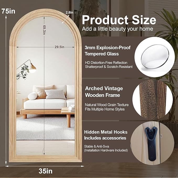 Delma Arched Full Length Floor Mirror with Stand, 75x35 Rustic Farmhouse Solid Wood Frame Wall Mirror for Bedroom, Living Room, Vertical Hanging & Standing(Natural)