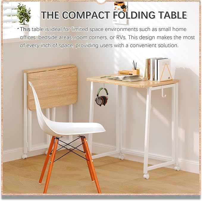 4NM 23.6" Mobile Small Folding Desk, Foldable Rolling Computer Home Office Desk, Study Writing Table for Small Space Saving Bedroom, with Wheels - Natural and White