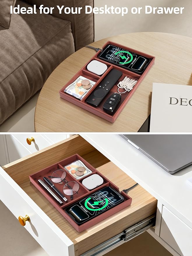 Valet Tray, Built in Wireless Charger, Nightstand Organizer, Mens Jewelry Box, Dresser Organizer, Valet Charging Station, Faux Leather Valet Tray for Men and Women, Brown