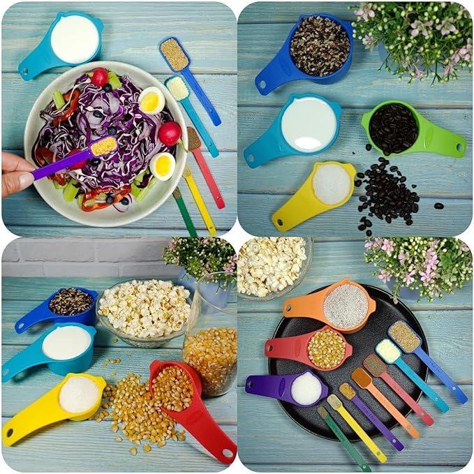 Plastic Measuring Cups and Spoons Set 15, Metric & US Pink Measuring Cups and Spoons for Kitchen & Baking, 7 Measure Cup & 7 Measure Spoon with Leveler for Dry & Liquid