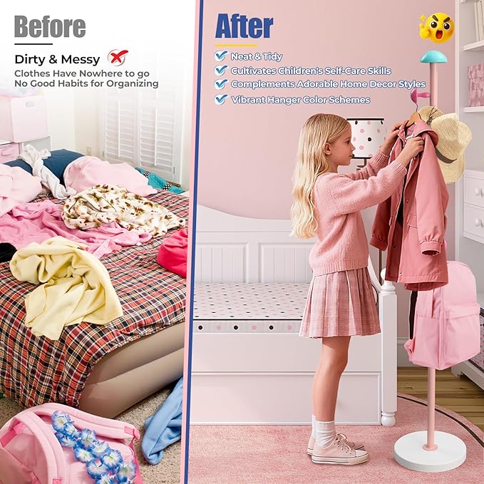 Space Saving Kids Coat Rack with 6 Cute Hooks - Durable Metal Organizer for Coats, Hats, and Bags - Easy Assembly, Tenant Friendly Design for Bedroom or Entryway