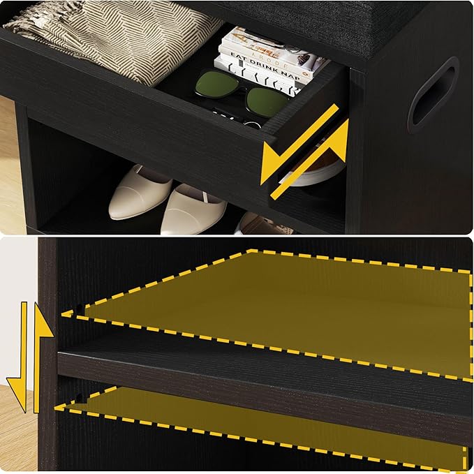 YMYNY Small Shoe Storage Bench with Cushion and Drawer, 2 Tier Adjustable Entryway Bench with Storage, Wooden Shoe Rack Bench for Entryway, Living Room, Hallway, Closet, Bedroom, Black, HSC002B