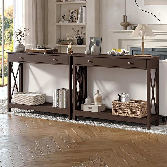Treocho Espresso Console Table with Drawer and Storage Shelves, Foyer Sofa Table Narrow for Entryway, Living Room, Hallway
