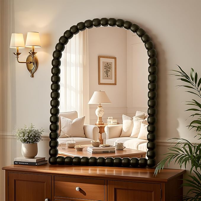 30"×38" Bronze Arched Bathroom Vanity Mirror, Vintage Beaded Decorative Wall Mounted Makeup Mirror, as Wall Decor Hanging Leaning for Fireplace Mantle, Living Room, Bedroom, Vanity Area