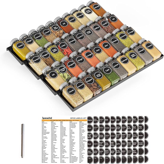 SpaceAid Spice Drawer Organizer with 40 Spice Jars, 386 Spice Labels, 4 Tier Seasoning Rack Tray Insert for Kitchen Drawers, 18.5" Wide x 17.5" Deep