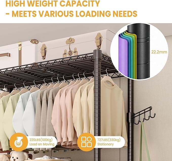 3-Tier Rolling Metal Garment Rack with Adjustable Shelves and Dual Hanging Rods, Heavy Duty Freestanding Clothing Organizer with Wheels for Bedroom, Closet, Dorm, or Laundry Room