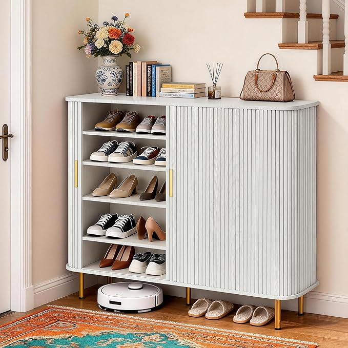 DHH Shoe Storage Cabinet with Sliding Door, 6-Tier Shoe Cabinet with Adjustable Shelves, Modern Freestanding Shoe Storage Organizer for Entryway, Hallway, Living Room (Washed Grey, 47 ")