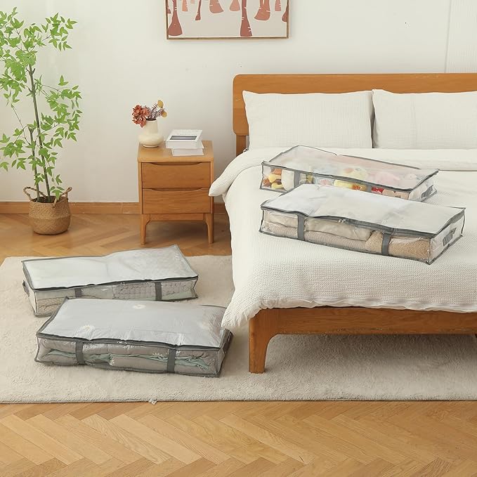 4 Pack Under Bed Storage Containers, Heavy-Duty Material Plastic Underbed Storage Bins, Blanket/Clothes Storage Bags with Lid, Bedding Comforter/Sheet/Closet Organizer and Storage