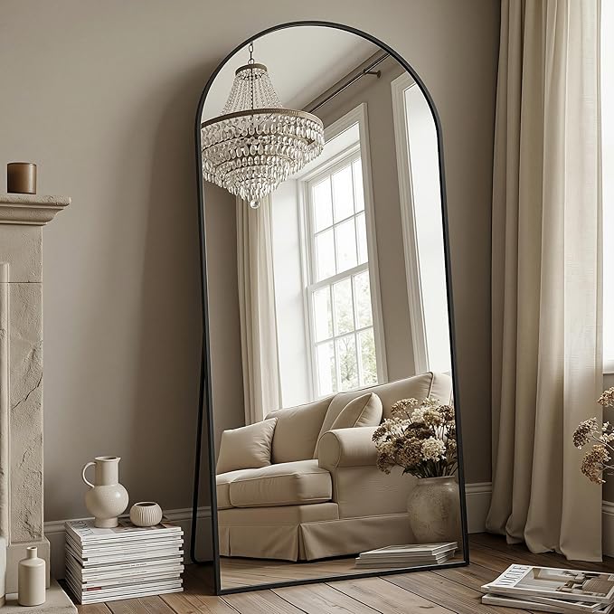 Antok Full Length Floor Mirror Arched Standing Mirror with Aluminum Frame - Freestanding Wall Mount Leaning Body Mirror for Bedroom Living Room Entryway, 71" L x 32" W, Black