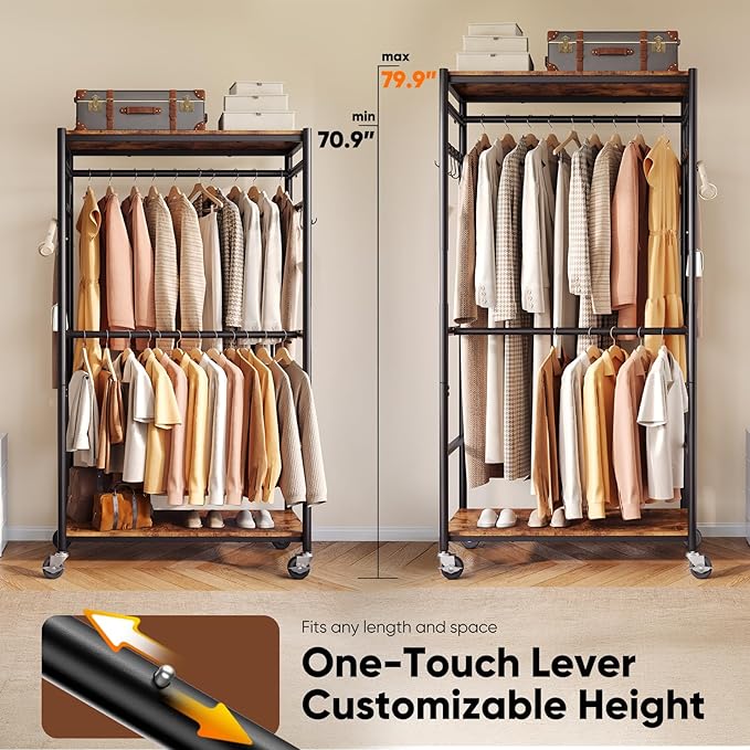 HOKEEPER Heavy Duty Rolling Clothes Rack, Metal Closet Organizer with Wood Shelves, Adjustable 70.9"-79.9" H x 39.3" W Freestanding Wardrobe for Bedroom, Max Load 450 LBS