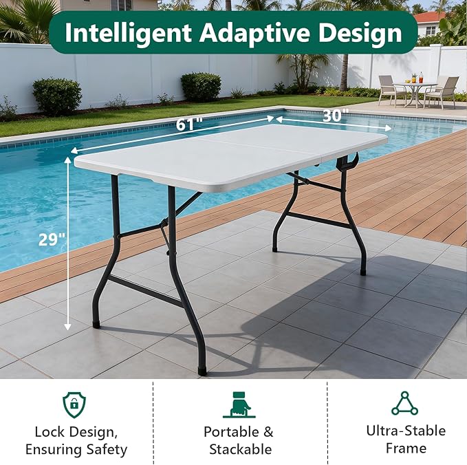 Folding Table 1 Pack, 5FT Folding Table Portable with Built-in Handle, Heavy Duty Plastic Table with Steel Legs Supports to 300lbs, Suitable for Party, Camping, Events Indoor&Outdoor Use, White