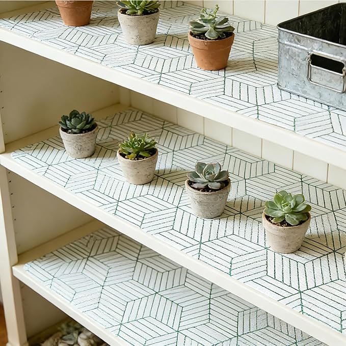 Green Geometric line Pattern Shelf Liners, Non-Adhesive and Anti-Slip Thickened Drawer Liners, Easy to Clean, Kitchen cabinets, toolboxes, refrigerators, Including Tools. 17×236.22 inches.