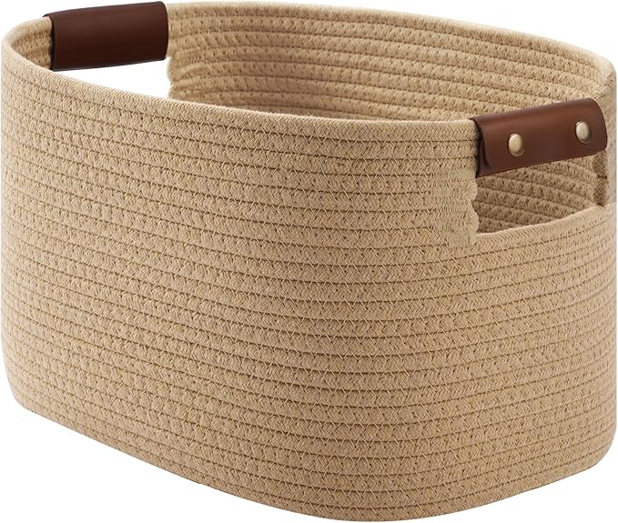 ECDYQXVU Cotton Rope Basket, Storage Baskets with Handle, 15x10x9 Inch Woven Basket for Shelves, Laundry, Towels, Clothes, Books (Jute/Brown 1Pack)