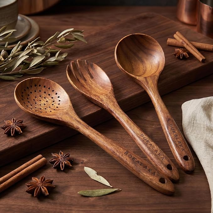 Wooden Spoons for Cooking,10 Pcs Natural Teak Wooden Kitchen Utensils Set Wooden Utensils for Cooking Wooden Cooking Utensils Wooden Spatulas for Cooking (10)