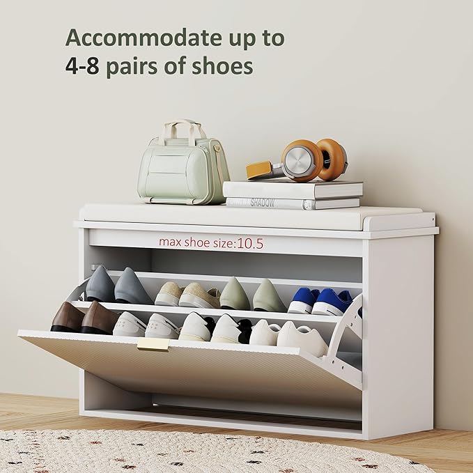 HOMCOM Narrow Shoe Bench with Padded Seat Cushion and Flip-Drawer, Small Entryway Bench Holds up to 265lb, Shoe Cabinet, 31.5x10.2x18.7 Inches, White