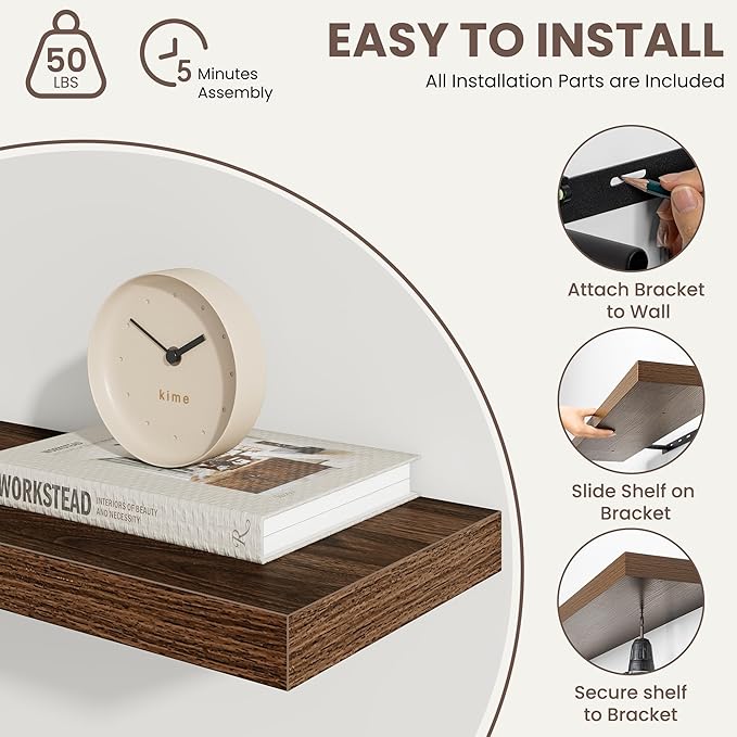Floating Shelves for Wall,48 Inch Wall Mounted Rustic Wood Shelves,9.3" Deep Wall Shelf with Invisible Brackets,Large Deep Floating Shelf for Bathroom,Bedroom,Living Room,Book/Storage/Decor,Walnut