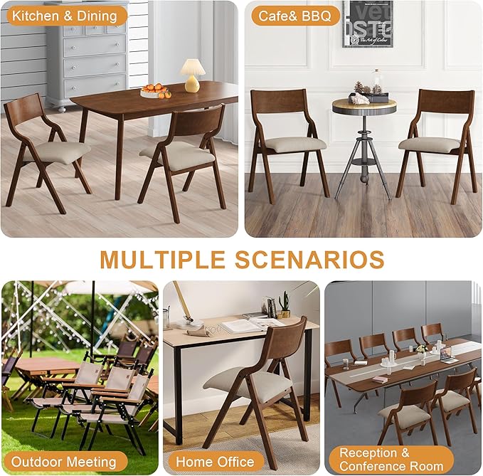 Ball & Cast Upholstered Folding Chairs Set of 2,with Padded Seat,Wooden Portable Dining Chairs W/Ergonomically Designed Back and Cushion,Easy Carry,No Need to Install,for Kitchen,Office,Walnut