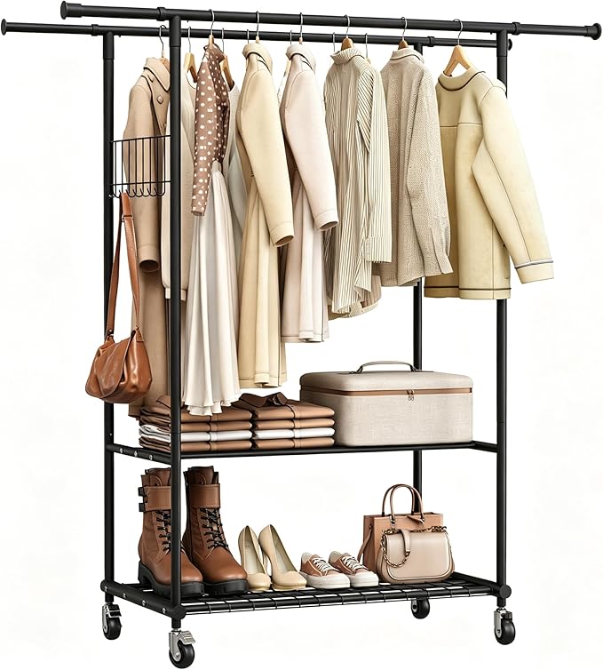 Double Rods Clothes Rack with Wheels, Heavy Duty Rolling Clothing Rack with Shelves and Side Hooks for Hanging Clothes Max Load 550 lbs, Black Metal Adjustable Portable Garment Rack