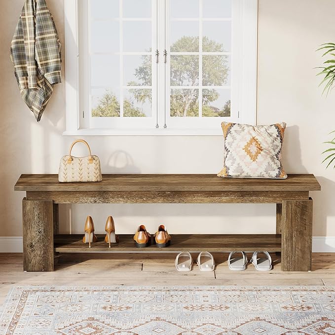 Tribesigns 63" Long Entryway Bench, Rustic Wooden Shoe Bench with Storage Shelf, Farmhouse End of Bed Bench for Hallway, Living Room, Mudroom, Brown