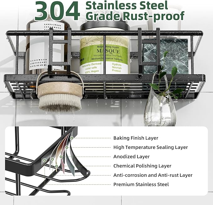 Simple Trending Shower Caddy Adhesive, 6 Pack Rustproof Stainless Steel Shower Shelves with Large Capacity, No Drilling Bathroom Organizers and Storage for Home Decor, Black
