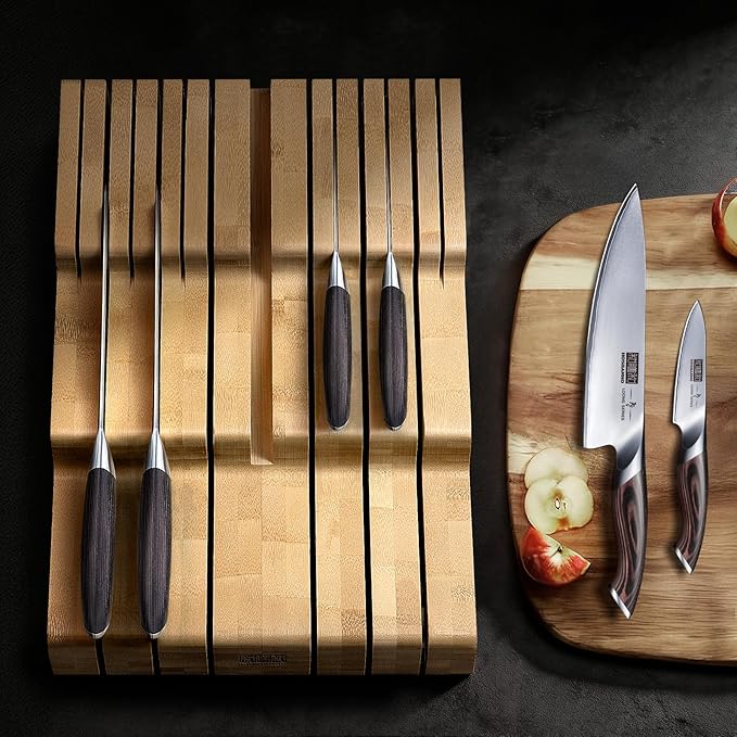 HOSHANHO In-Drawer Knife Block, Large Bamboo Knife Drawer Organizer for 12 Knives, Kitchen Steak Knife Holder for Sharpening Steel, Natural (Knives & Sharpening Not Included)