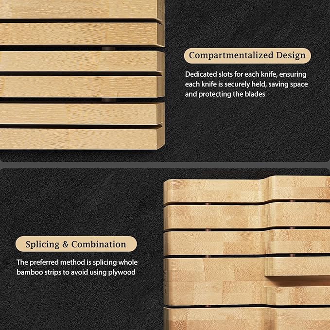 HOSHANHO In-Drawer Knife Block, Large Bamboo Knife Drawer Organizer for 12 Knives, Kitchen Steak Knife Holder for Sharpening Steel, Natural (Knives & Sharpening Not Included)