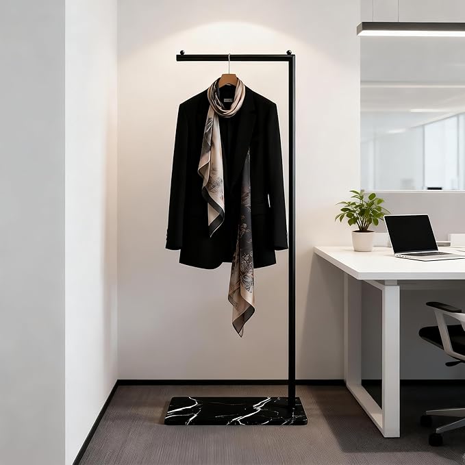 Black Clothing Rack with Marble Base,Freestanding Garment Rack for Hanging Clothes,Modern Coat Rack, Minimalist Clothes Rack for Small Spaces,Bedroom,Entryway,Boutique Display