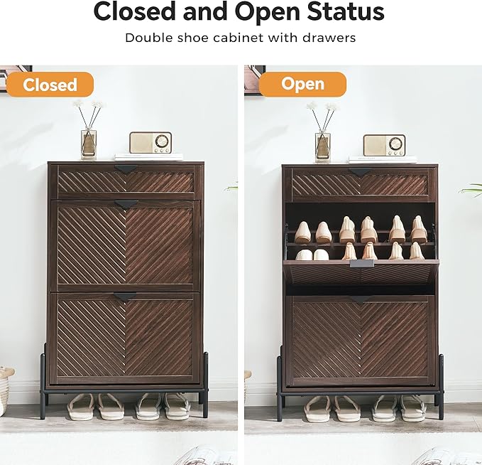 Shoe Cabinet Storage with 2 Flip Drawers, Narrow Hidden Shoes Organizer Cabinet for Entryway, Freestanding Slim Shoe Rack Front Door Entrance(Brown)
