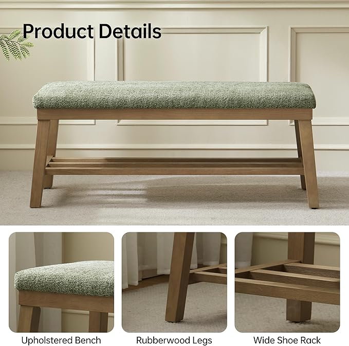 VKNOW Entryway Bench, 44.4" Upholstered Shoe Storage Bench for Entryway & Bedroom, Shoe Bench with Rubberwood Legs, Modern End of Bed Storage Bench for Living Room and Hallway, Green