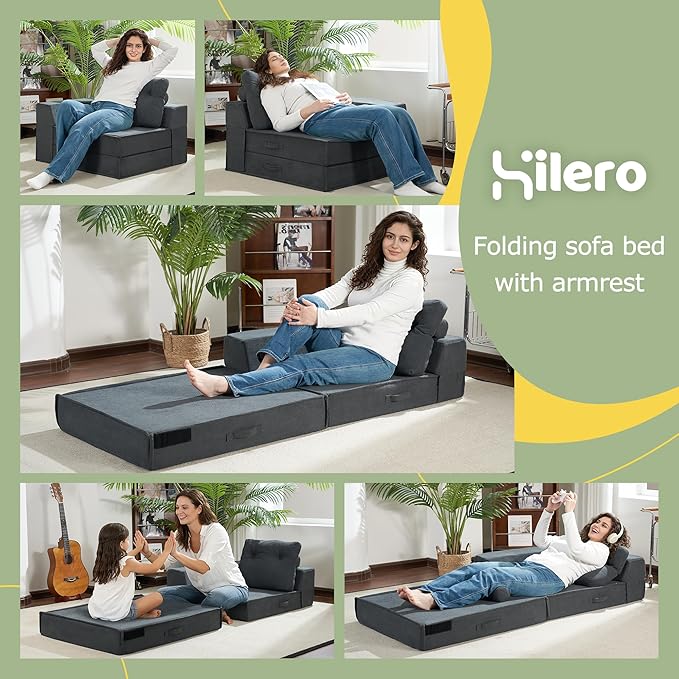 Folding Sofa Bed, 4 in 1 Convertible Sleeper Chair with Pillow, Standard Memory Foam Fold Out Chair Bed, Modern Floor Futon Sofa Couch Mattress for Living Room/Guest/Apartment, Black Grey