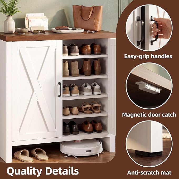 Shoe Cabinet, 5-Tier Shoe Storage Cabinets with Doors and Adjustable Shelves, Thickened Wood Freestanding for Entryway, Hallway, Closet, Organizer Rack, Walnut and White JSC005WWB