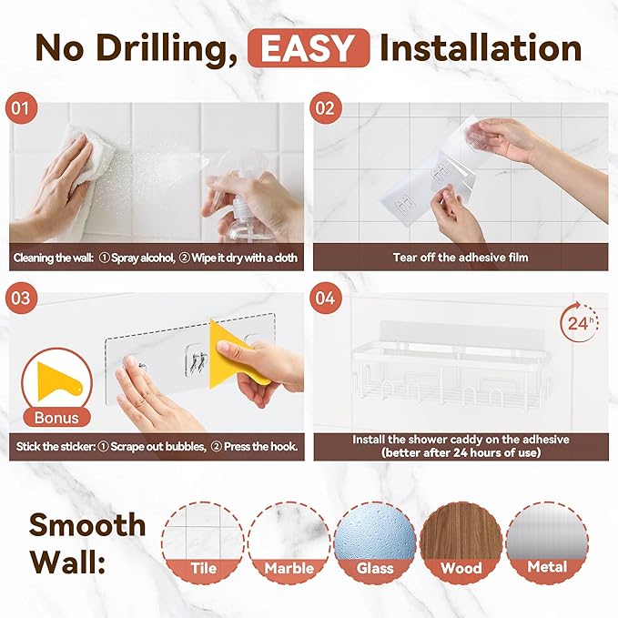 YASONIC Shower Caddy Adhesive 5-Pack, Rustproof Shower Organizer with Holder, No Drilling Shower Shelves for Inside Shower, Large Capacity Bathroom Organizers and Storage for Home & Renters, White