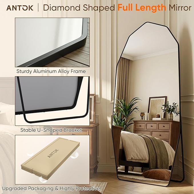 Antok Full Length Mirror, 76"x34" Floor Mirror, Free Standing Wall Mounted or Leaning Full Body Mirror with Aluminum Alloy Frame, Diamond Irregular for Bedroom Entryway Cloakroom, Black