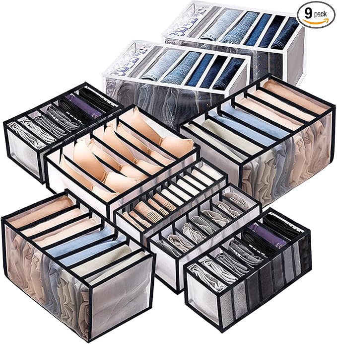 9 Pack Wardrobe Clothes Organizer for Drawers, Foldable Clothes Drawer Mesh Separation Box, Drawer Dividers for Clothes Pants Jeans T Shirt (2Jeans+2Bra+(Legging+Shirt+Panties+Sock)*1)