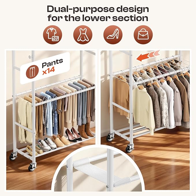 Clothes Rack - 4-Bar Double Rod Clothing Rack with 15 Pants Racks - Rolling Clothes Rack with Shelves - Portable Garment Rack for Bedroom Laundry Room Closet - White