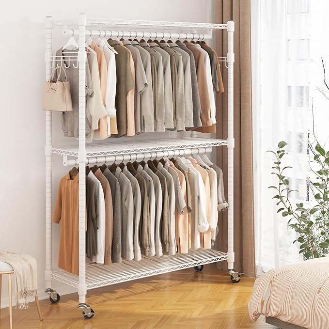 BATHWA Clothes Racks for Hanging Clothes, 25 mm tube Heavy Duty 47.3" W x 17.7" D x 80.7" H Large Wardrobe Rack with Shelves & Wheels Rolling Metal Commercial Multifuctional, White