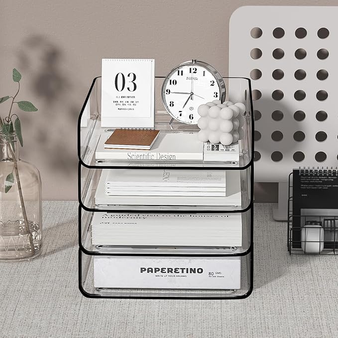 FANXIYQ 4-Tier Acrylic Paper Tray Organizer | Clear Stackable Desk Organizer for Documents, Letters, A4 Paper | Modern Office/Classroom/Home Organization
