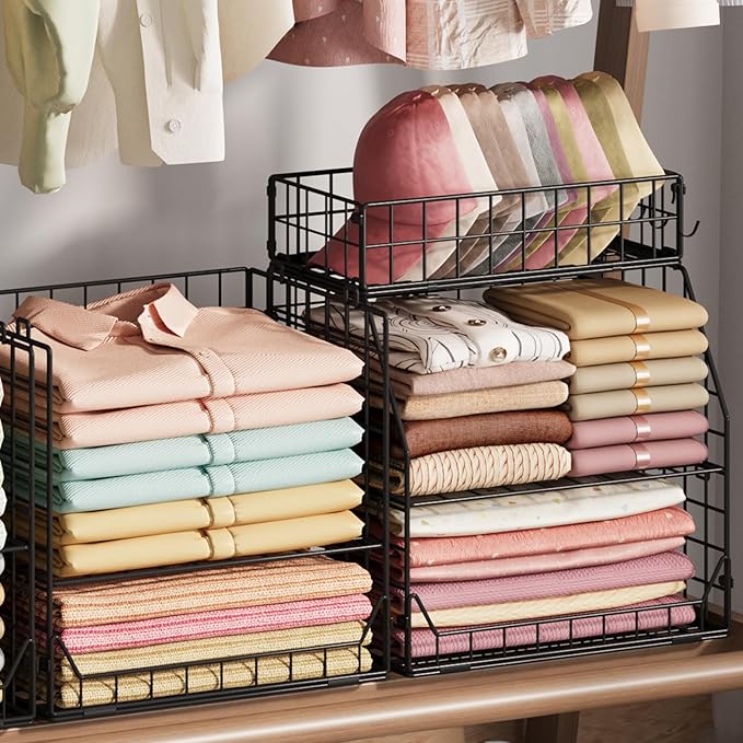 Jakyitvi 5-Tier Stackable Closet Organizers and Storage with Small Basket for Hats,Closet Storage Basket with Adjustable Dividers and 4 hooks,Clothes Shelf Bins for Closet Organizer System,Black
