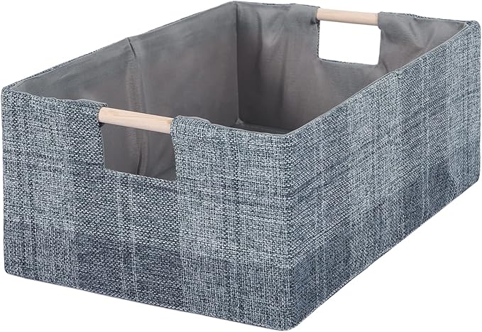 Fabric Storage Bin Box Collapsible Cotton Linen Storage Cube with Wooden Handles Rectangular Decorative Home Organizer Clothes Blanket Basket– Dark Gray Plaid, Medium