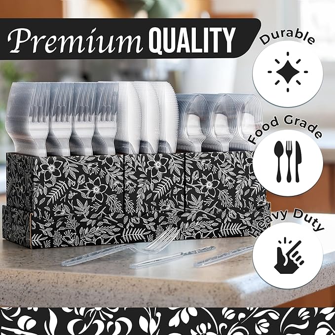 Exquisite Utensil Caddy Organizer with Clear Plastic Forks and Spoons & Knives Floral Kitchen Utensil Holder for Party with 3 x 100 Plastic Spoons and Forks Disposable Knives Clear Cutlery Set
