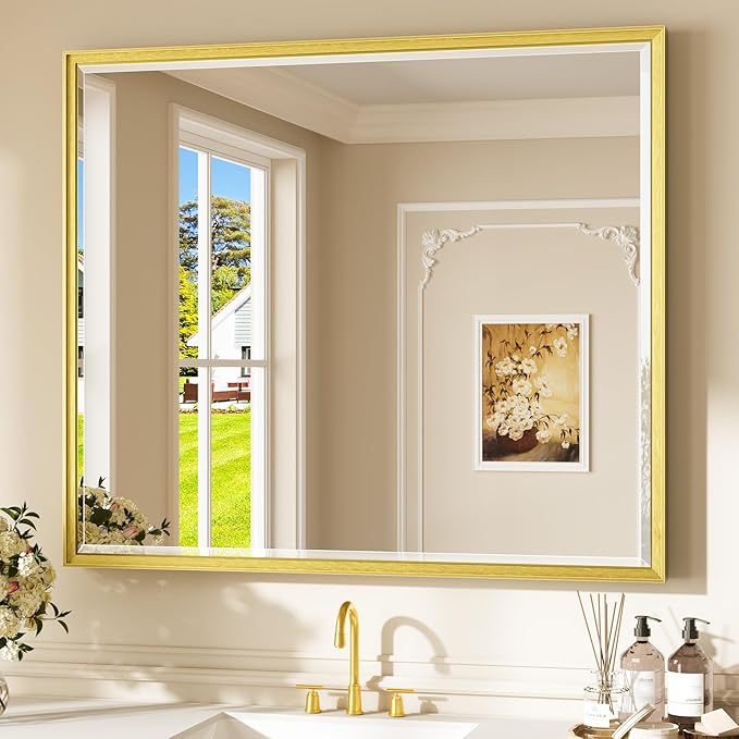 Keonjinn 42" x 36" Gold Mirrors for Bathroom Sink, Brushed Gold Bathroom Vanity Mirror, Beveled Tempered Glass, Aluminum Alloy Frame, Rustproof, Large Rectangle Wall Mirror for Decor, Modern Farmhouse