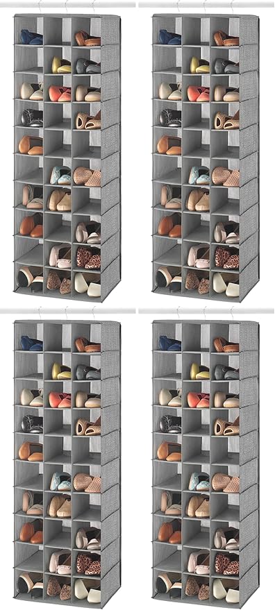 Whitmor 30 Sections Hanging Clothes Closet Organizer, Space Saving Breathable Fabric Shoe Storage for Bedroom, Laundry, Dorm, Crosshatch Gray (Pack of 4)